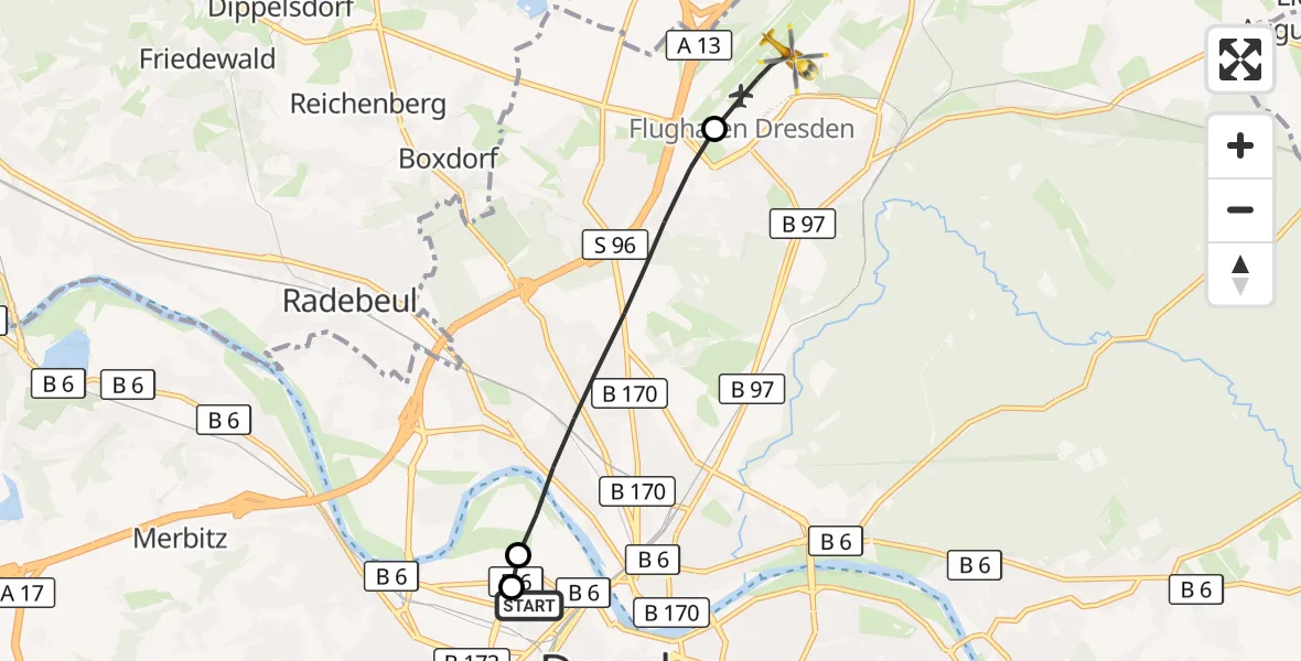 Flugroute Rettungshubschrauber Dresden Friedrichstadt Hospital - Dresden Bundespolizei Hubschrauberlandeplatz, 14 Oktober 2026, 12:46