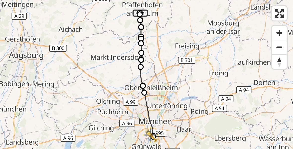 Flugroute Rettungshubschrauber Ilmtal Hospital Pfaffenhofen - ADAC Air Rescue Center Hubschrauberlandeplatz (Christoph 1), 14 Oktober 2026, 12:55