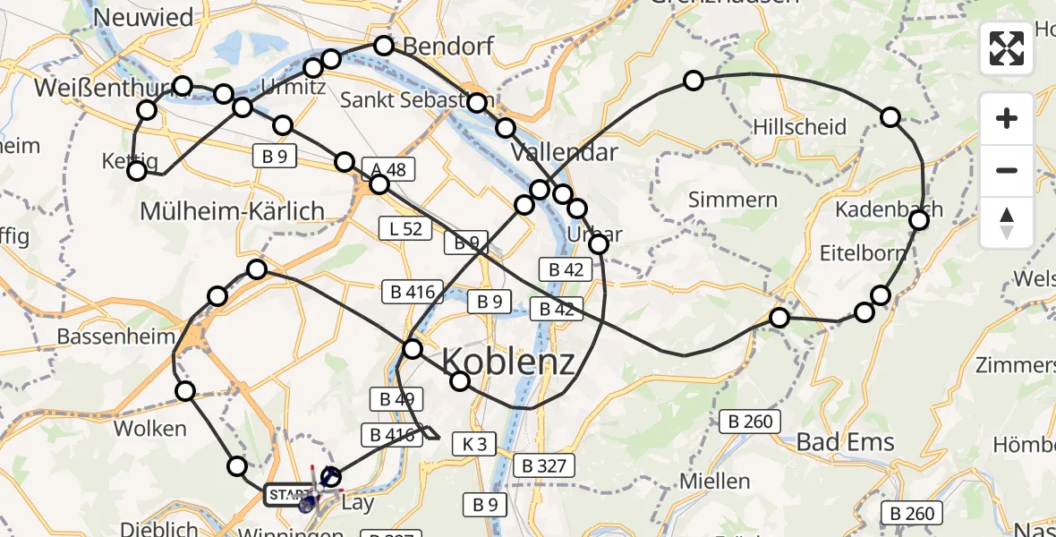Flugroute Polizeihubschrauber Winningen - Koblenz-Winningen Flugplatz, 14 Oktober 2026, 12:57