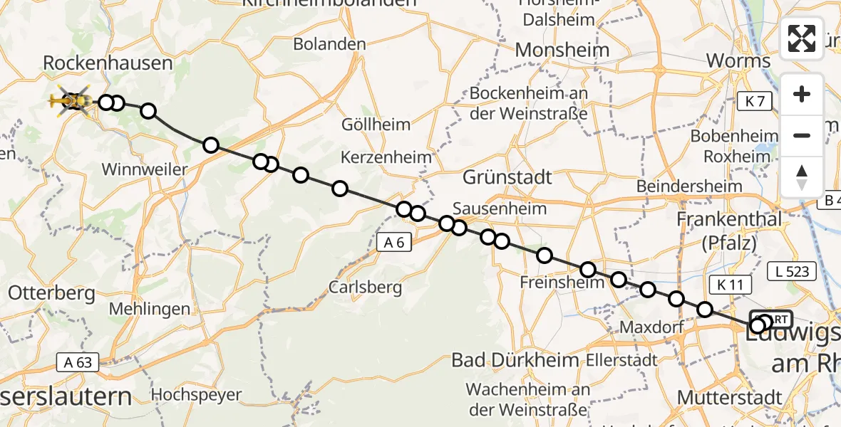 Flugroute Rettungshubschrauber Ludwigshafen Accident Hospital - Rockenhausen, 14 Oktober 2026, 13:05