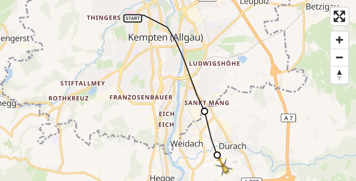 Flugroute Rettungshubschrauber Kempten (Allgäu) - Kempten-Durach Flugplatz, 14 Oktober 2026, 13:15