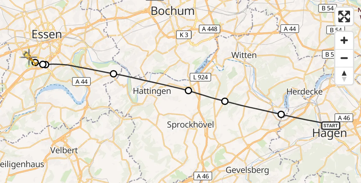 Flugroute Ambulanzhubschrauber Hagen - Essen, 14 Oktober 2026, 13:19