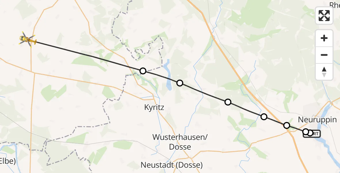 Flugroute Rettungshubschrauber Rupin Hospital - Plattenburg, 14 Oktober 2026, 13:28