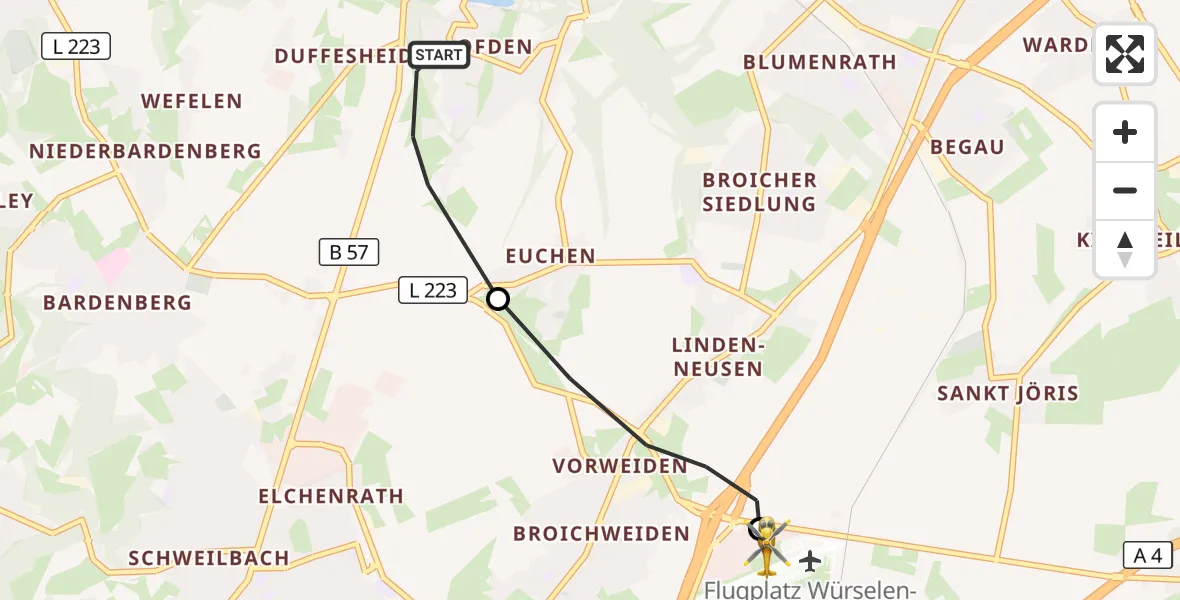 Flugroute Rettungshubschrauber Alsdorf - Aachen-Merzbrück Flughafen, 14 Oktober 2026, 13:29