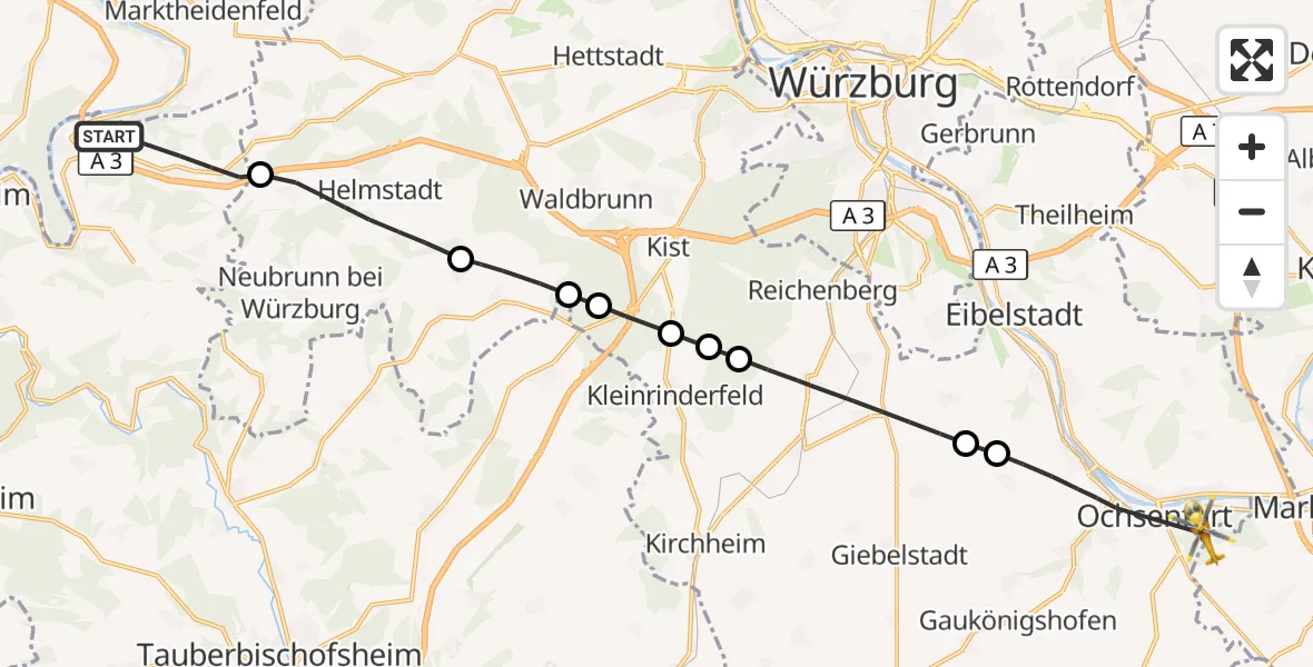 Flugroute Rettungshubschrauber Wertheim - Ochsenfurt Hospital, 14 Oktober 2026, 13:30