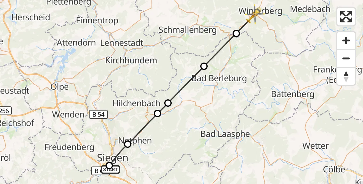 Flugroute Rettungshubschrauber Evangelisches Jung-Stilling Hospital - Winterberg, 14 Oktober 2026, 13:31