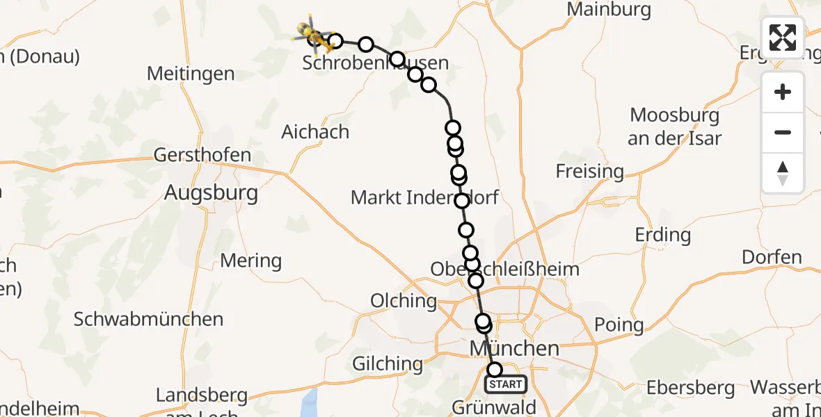Flugroute Rettungshubschrauber ADAC Air Rescue Center Hubschrauberlandeplatz (Christoph 1) - Königsmoos, 14 Oktober 2026, 13:37