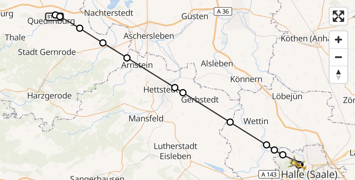 Flugroute Rettungshubschrauber Harz Hospital Quedlinburg - Halle (Saale) University Hospital, 14 Oktober 2026, 13:42