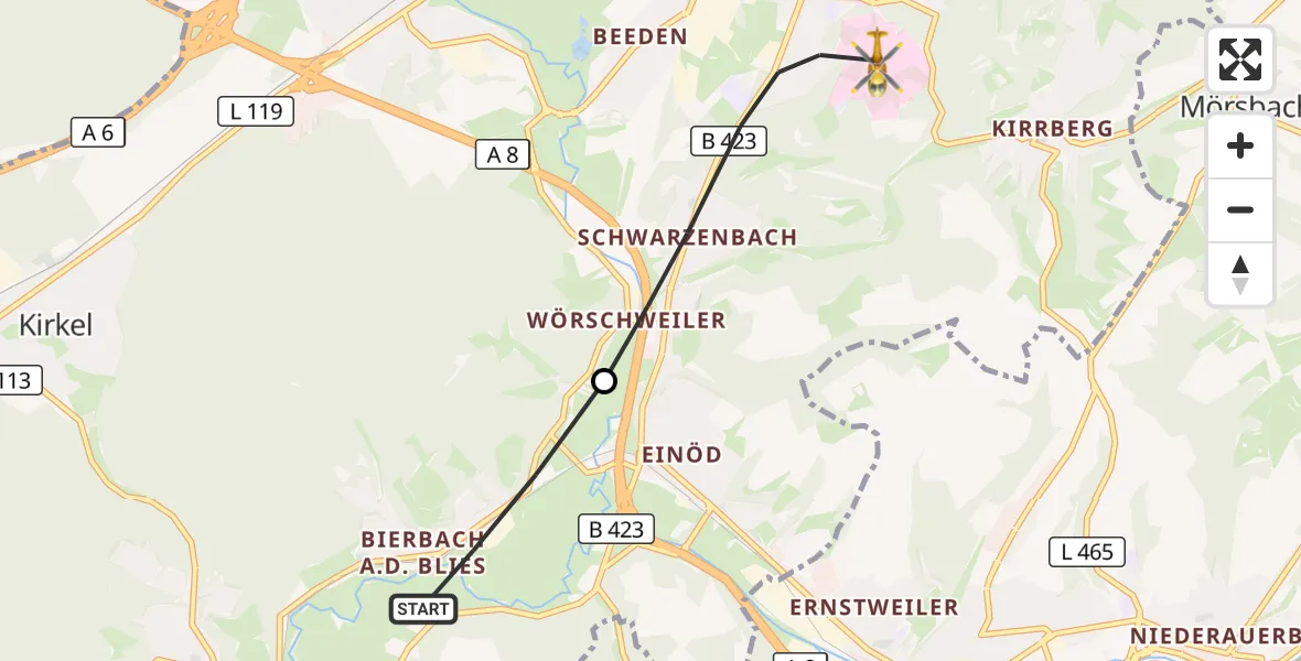 Flugroute Rettungshubschrauber Blieskastel - Homburg, 14 Oktober 2026, 13:44