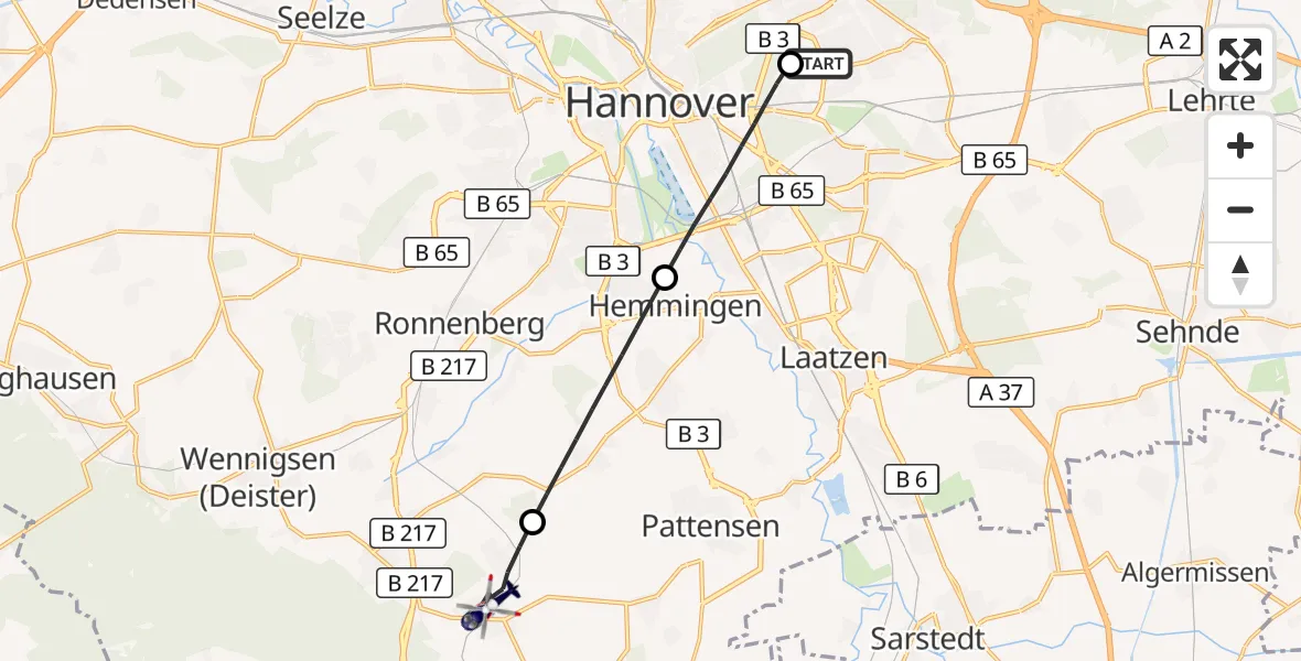 Flugroute Polizeihubschrauber Hannover Luftrettung Hubschrauberlandeplatz (Christoph 4) - Springe, 14 Oktober 2026, 13:45