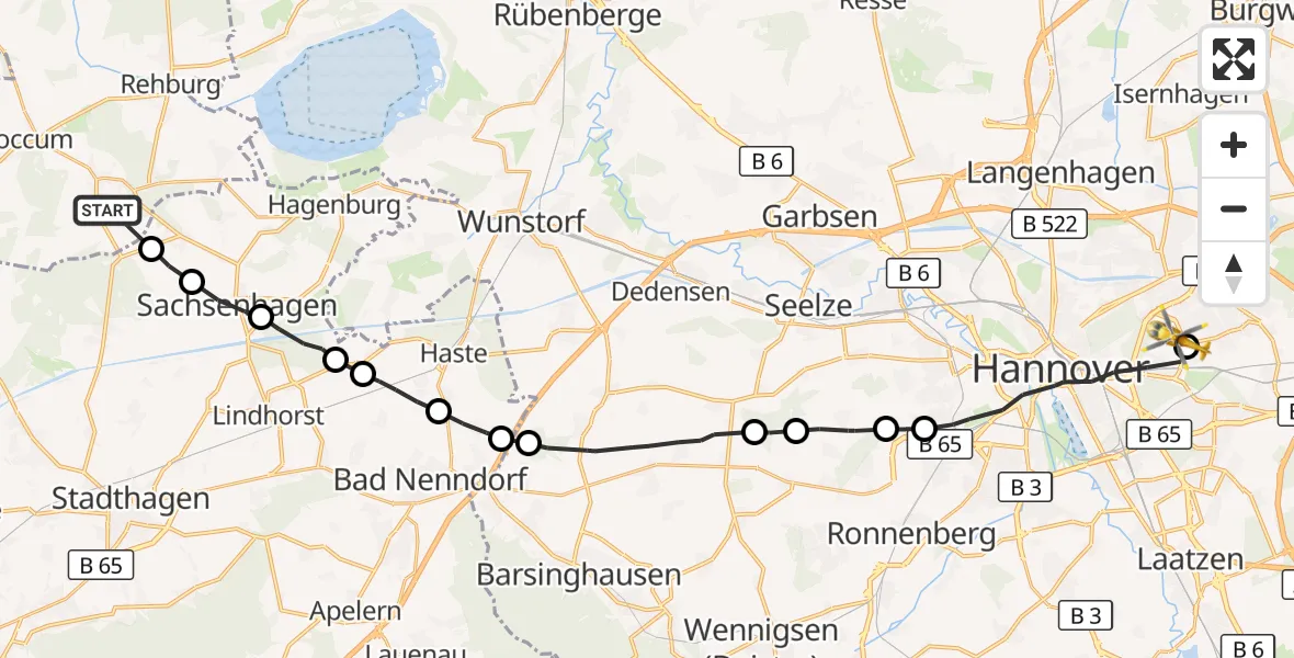 Flugroute Rettungshubschrauber Rehburg-Loccum - Hannover Luftrettung Hubschrauberlandeplatz (Christoph 4), 14 Oktober 2026, 13:52