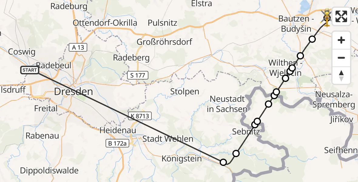 Flugroute Rettungshubschrauber Dresden - Bautzen Flugplatz, 14 Oktober 2026, 14:00