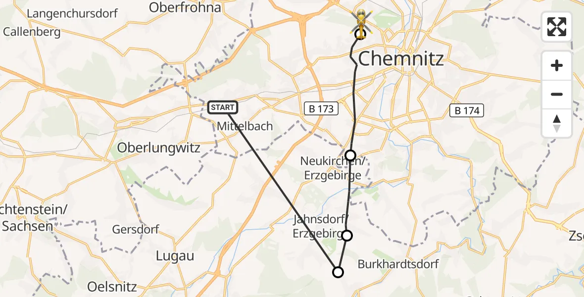 Flugroute Rettungshubschrauber Chemnitz - Flemmingstraße Hospital Rooftop Hubschrauberlandeplatz, 14 Oktober 2026, 14:09