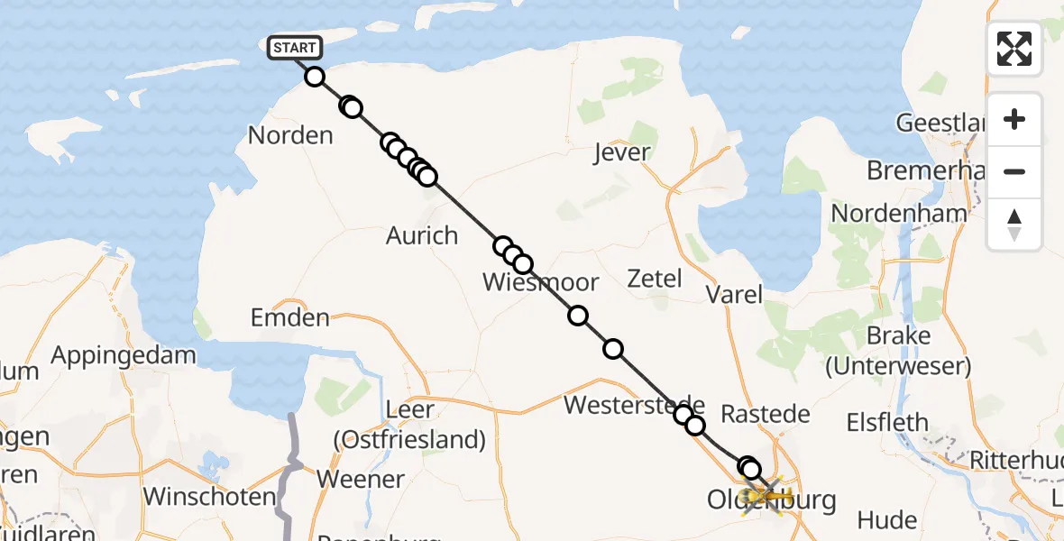 Flugroute Ambulanzhubschrauber Noordzee - Oldenburg (Oldb), 14 Oktober 2026, 14:11