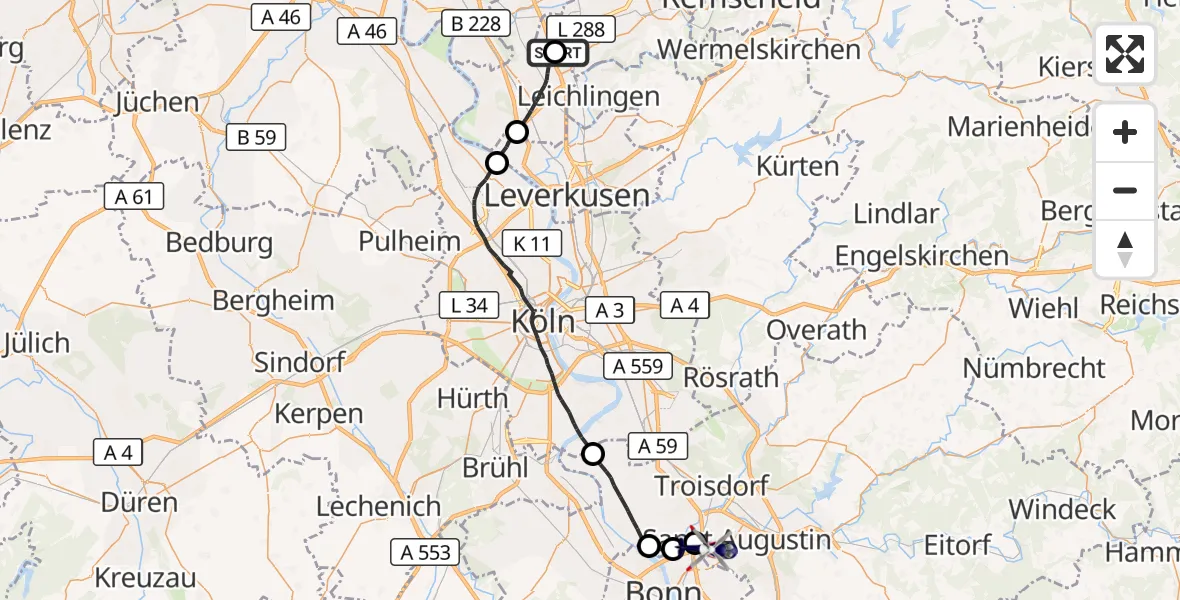 Flugroute Polizeihubschrauber Langenfeld-Wiescheid Flugplatz - Sankt Augustin, 14 Oktober 2026, 14:16