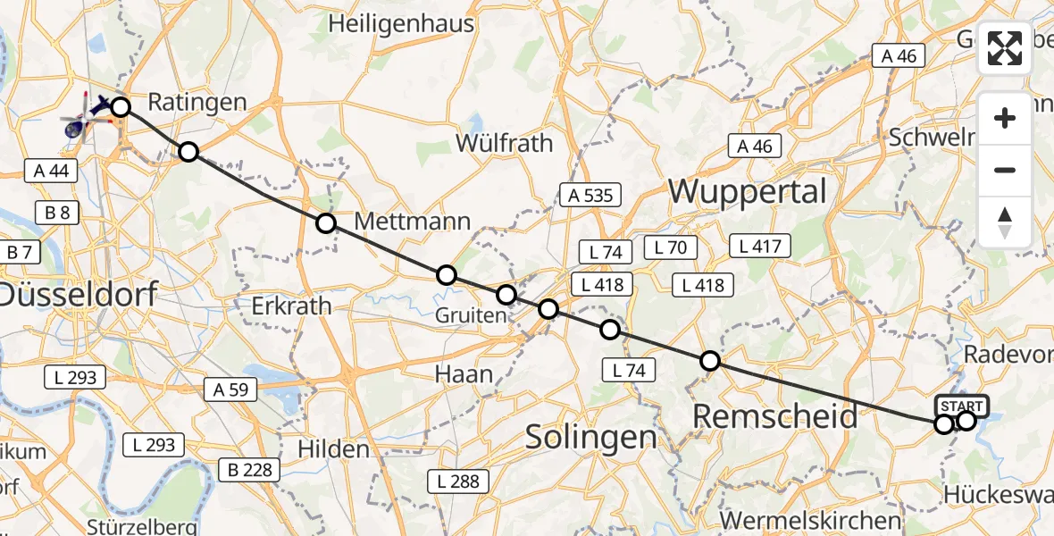 Flugroute Polizeihubschrauber Remscheid - Düsseldorf Flughafen, 14 Oktober 2026, 14:21