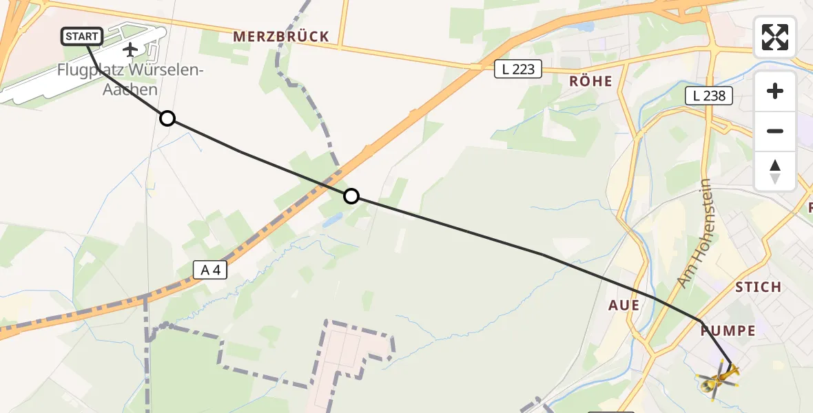 Flugroute Rettungshubschrauber Aachen-Merzbrück Flughafen - Eschweiler, 14 Oktober 2026, 14:24