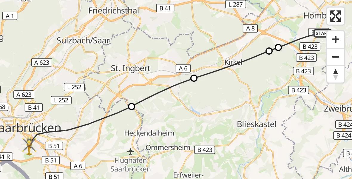 Flugroute Rettungshubschrauber Homburg - Saarbrücken, 14 Oktober 2026, 14:33