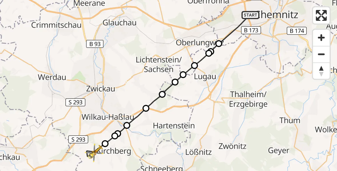 Flugroute Rettungshubschrauber Chemnitz - Kirchberg, 14 Oktober 2026, 14:35