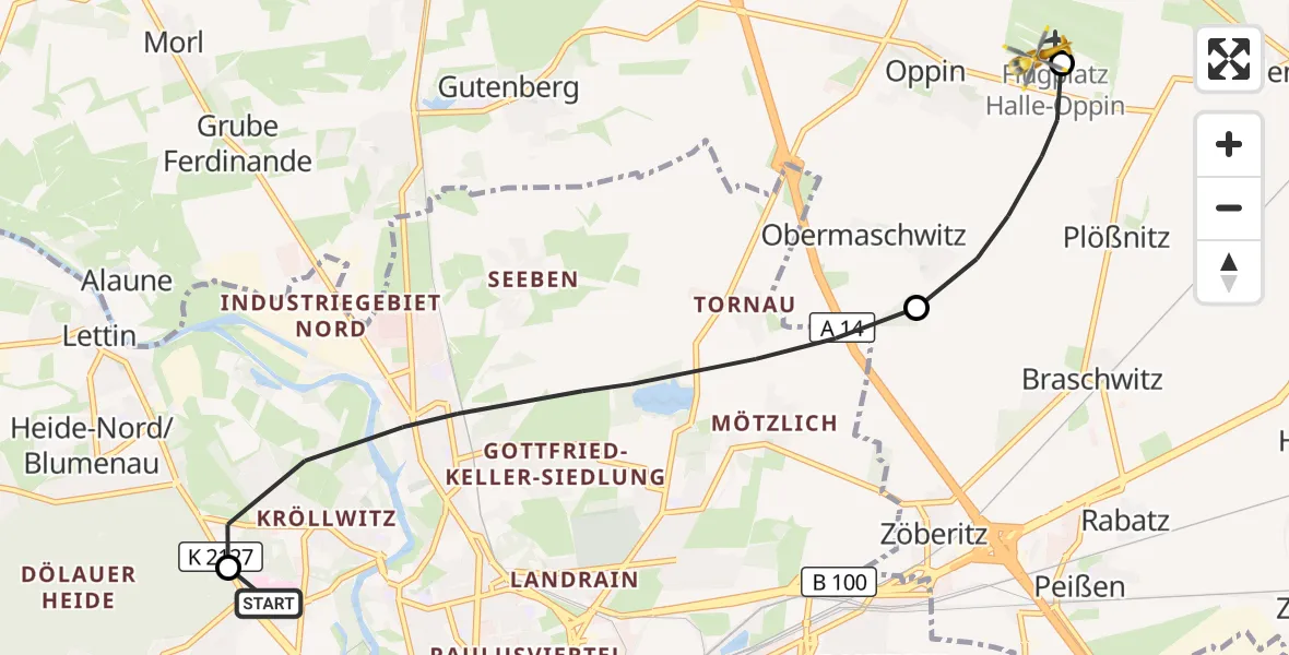 Flugroute Rettungshubschrauber Halle (Saale) University Hospital - Halle-Oppin Flugplatz, 14 Oktober 2026, 14:36
