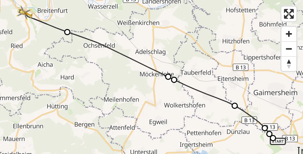 Flugroute Rettungshubschrauber Ingolstadt Hospital - Dollnstein, 14 Oktober 2026, 14:40