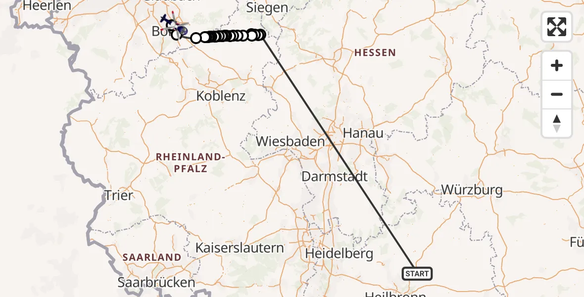 Flugroute Polizeihubschrauber Hardthausen am Kocher - Bonn-Hangelar Flugplatz, 14 Oktober 2026, 14:43