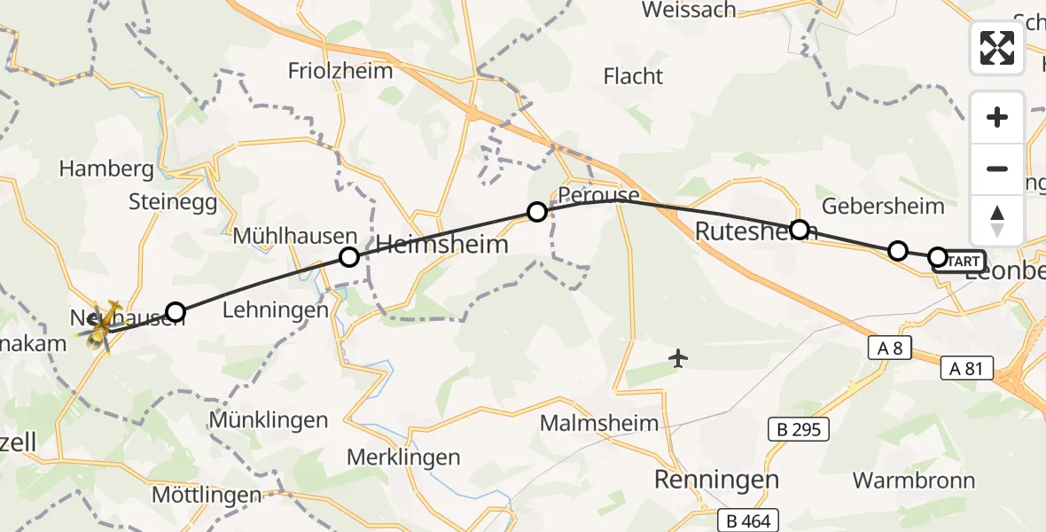 Flugroute Rettungshubschrauber Leonberg Hospital - Neuhausen, 14 Oktober 2026, 14:55
