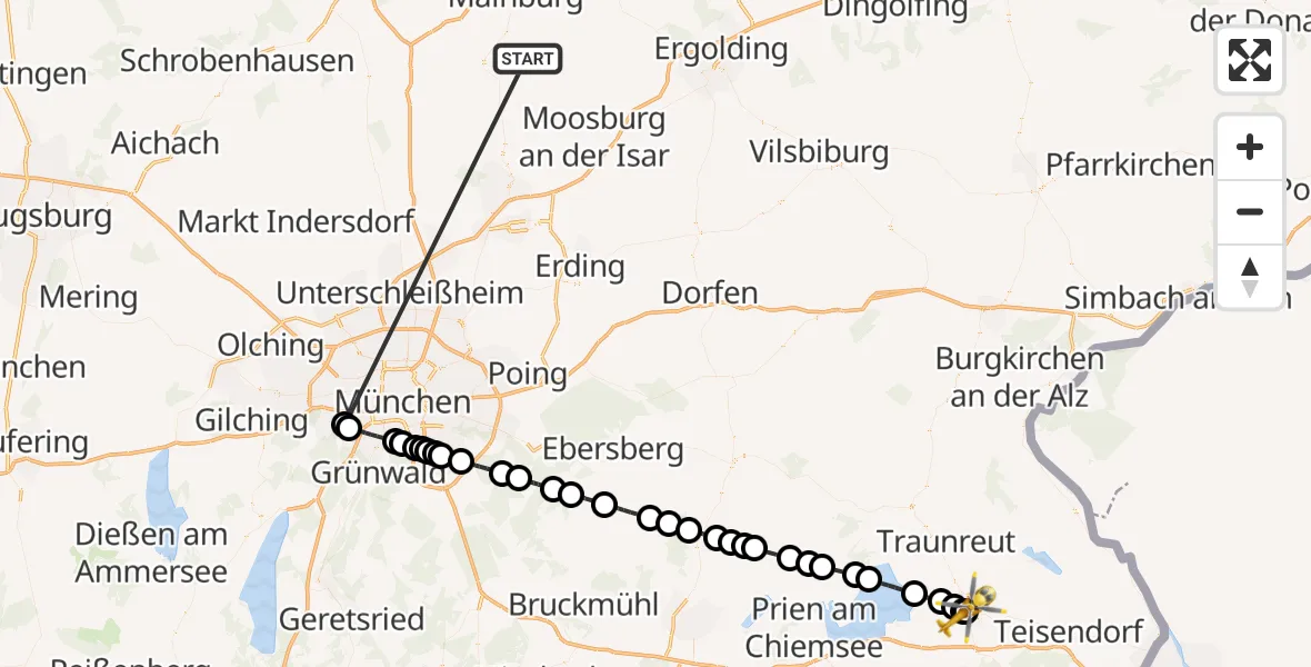 Flugroute Rettungshubschrauber Rudelzhausen - Traunstein Hospital, 14 Oktober 2026, 14:57
