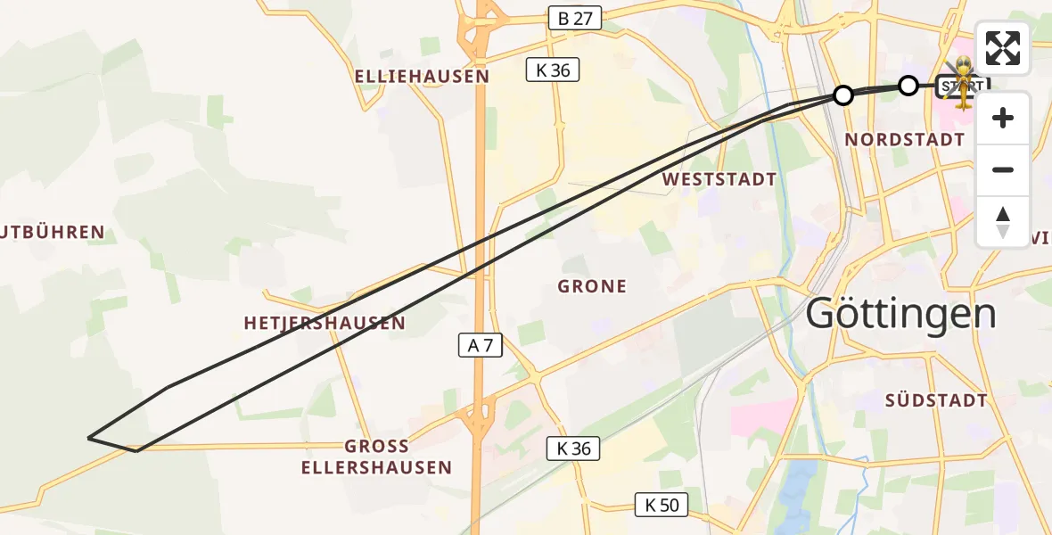Flugroute Rettungshubschrauber Göttingen University Clinic Hubschrauberlandeplatz - Göttingen University Clinic Hubschrauberlandeplatz, 14 Oktober 2026, 15:00