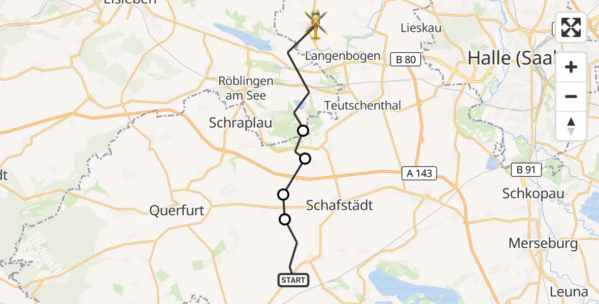 Flugroute Rettungshubschrauber Mücheln (Geiseltal) - Salzatal, 14 Oktober 2026, 15:24