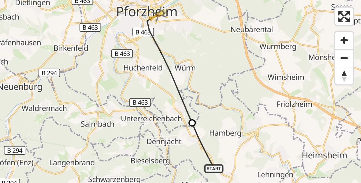 Flugroute Rettungshubschrauber Neuhausen - Pforzheim, 14 Oktober 2026, 15:32