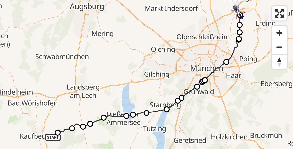 Flugroute Polizeihubschrauber Stöttwang - München Flughafen, 14 Oktober 2026, 15:35