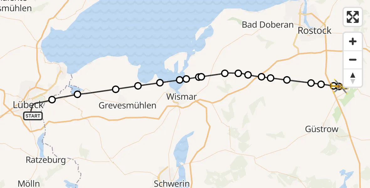 Flugroute Rettungshubschrauber Lübeck - Flughafen Rostock-Laage, 14 Oktober 2026, 15:37