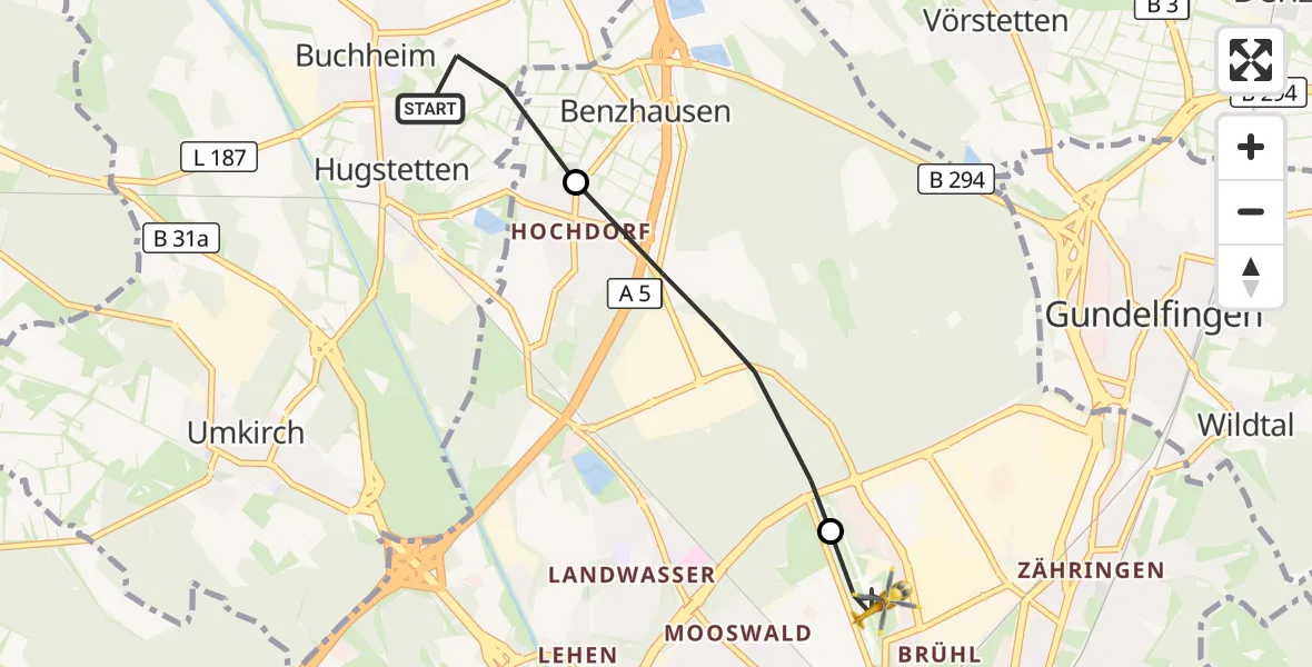 Flugroute Ambulanzhubschrauber March - Freiburg im Breisgau Flugplatz, 14 Oktober 2026, 15:37