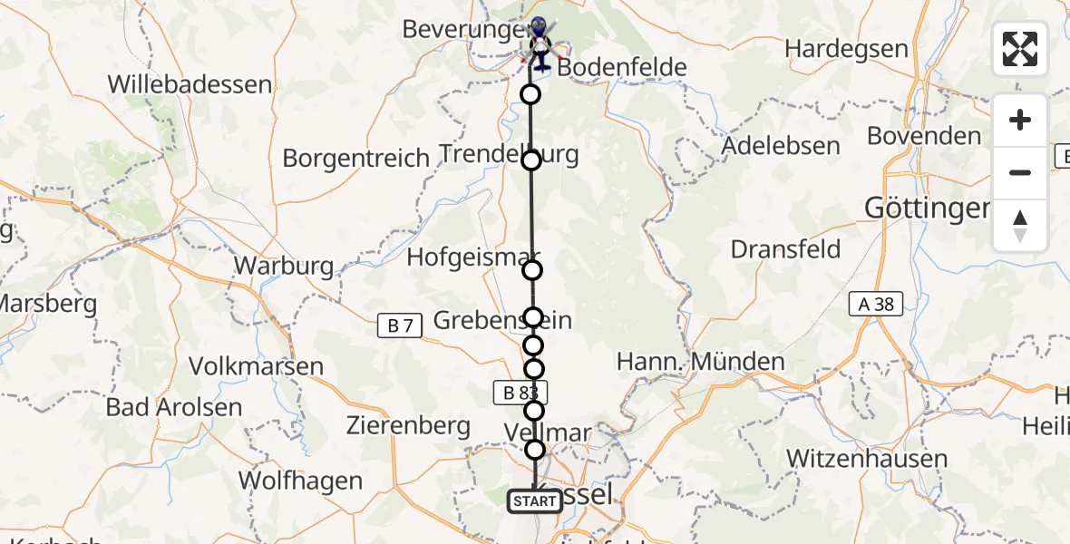 Flugroute Polizeihubschrauber Kassel - Solling (Landkreis Northeim), 14 Oktober 2026, 15:38