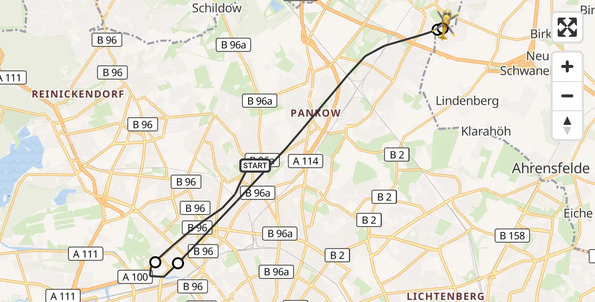 Flugroute Rettungshubschrauber Berlin - Helios Clinic Berlin-Buch, 14 Oktober 2026, 15:41