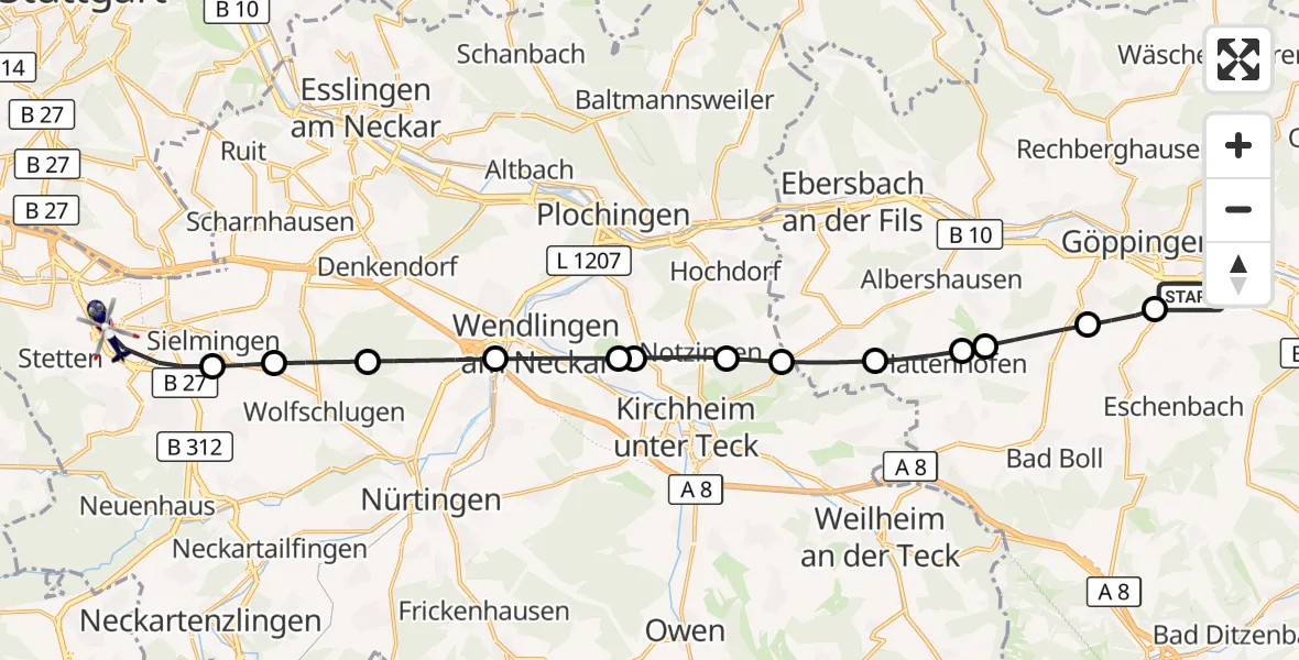 Flugroute Polizeihubschrauber Göppingen - Flughafen Stuttgart, 14 Oktober 2026, 16:07