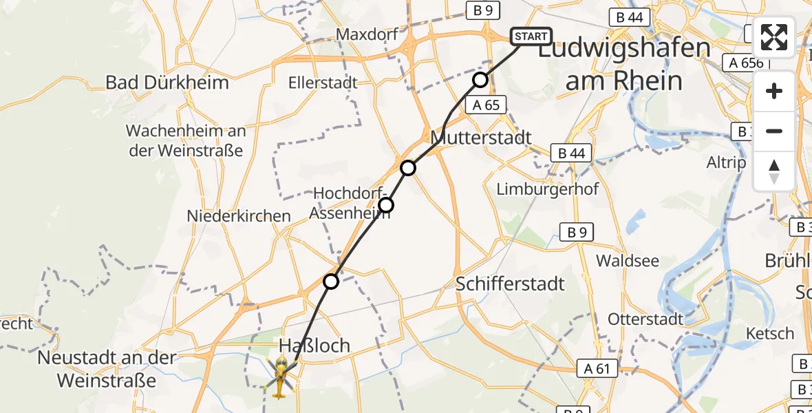 Flugroute Rettungshubschrauber Ludwigshafen am Rhein - Haßloch, 14 Oktober 2026, 16:08