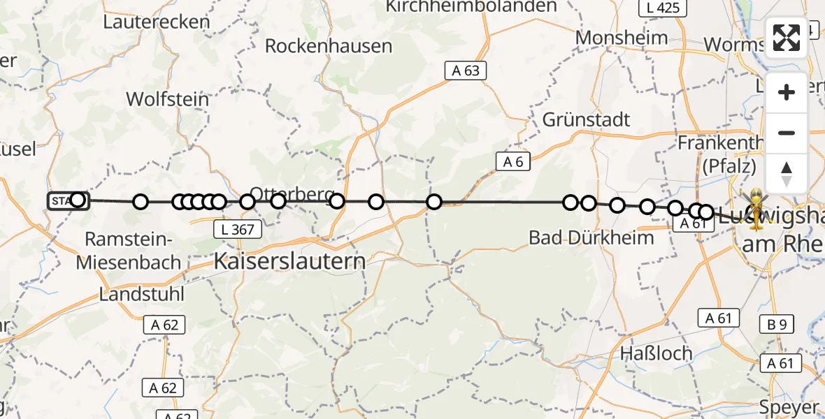 Flugroute Rettungshubschrauber Matzenbach - Ludwigshafen Accident Hospital, 14 Oktober 2026, 16:08