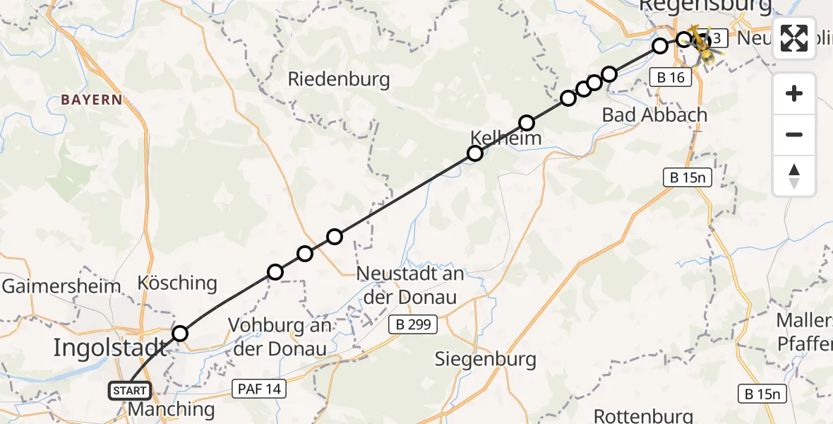 Flugroute Rettungshubschrauber Ingolstadt - DRF Air Rescue Station Regensburg / Regensburg University Hospital, 14 Oktober 2026, 16:09
