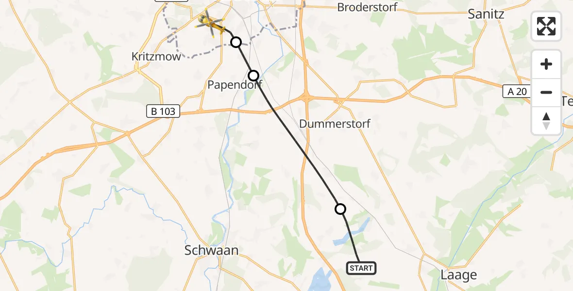 Flugroute Rettungshubschrauber Dolgen am See - Rostock, 14 Oktober 2026, 16:21