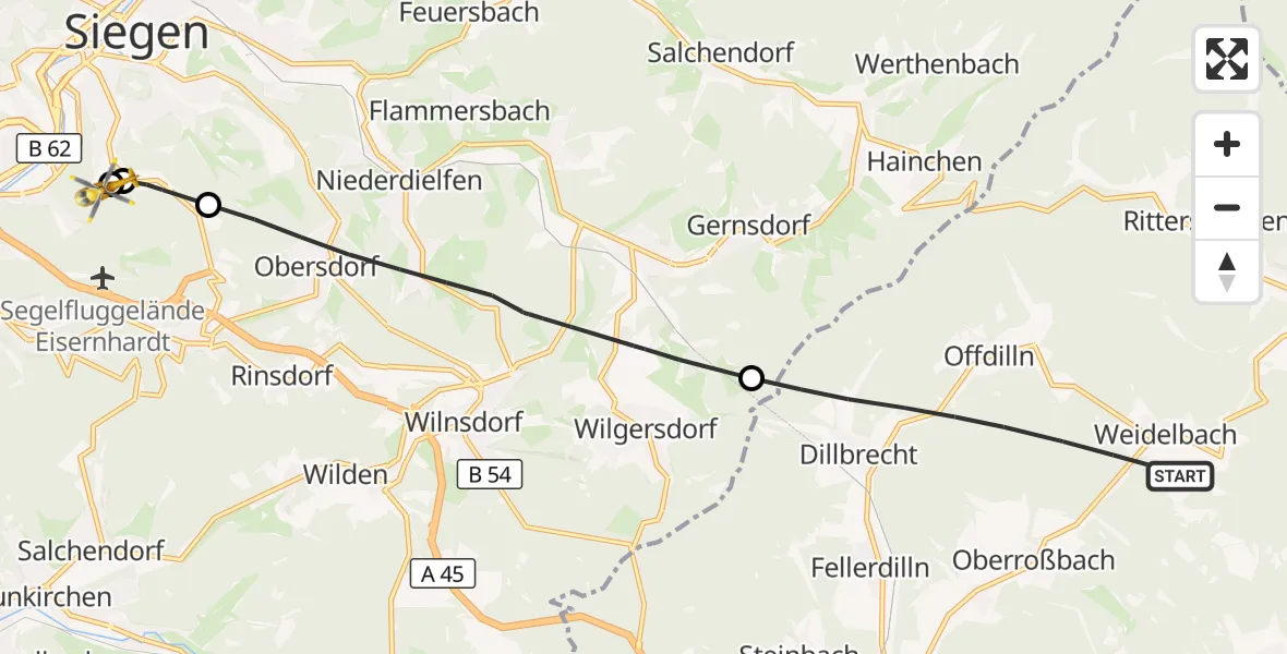 Flugroute Rettungshubschrauber Haiger - Evangelisches Jung-Stilling Hospital, 14 Oktober 2026, 16:21
