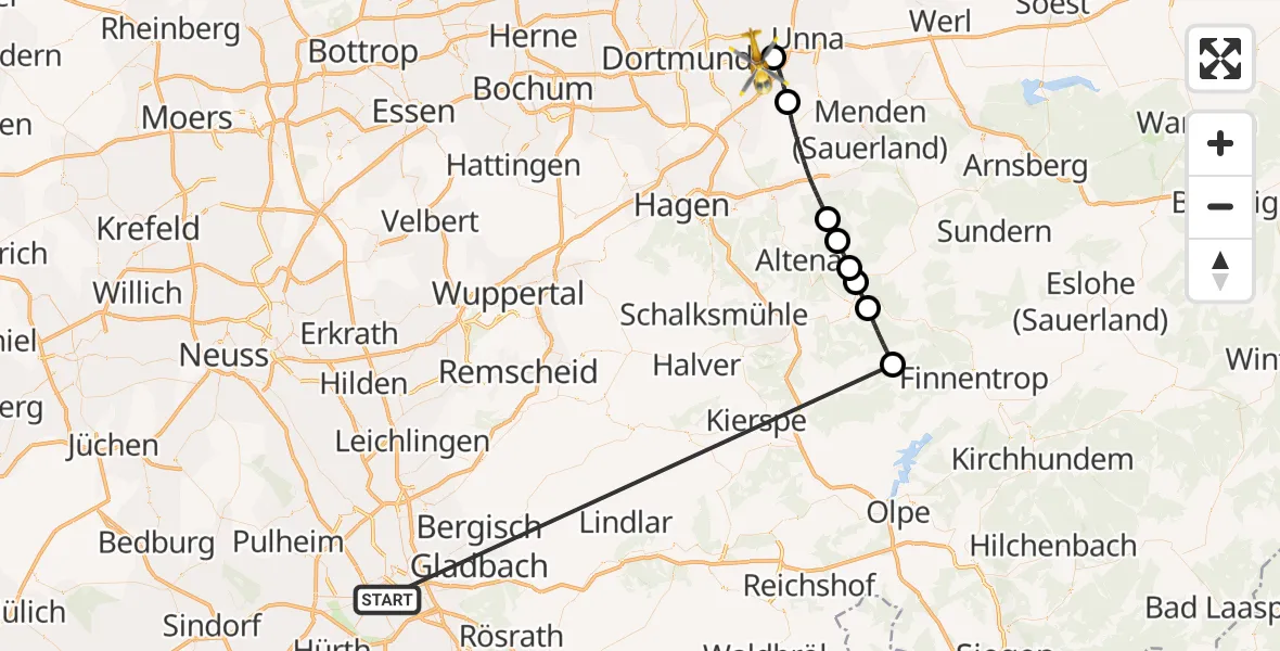 Flugroute Rettungshubschrauber Köln - Dortmund Flughafen, 14 Oktober 2026, 16:21