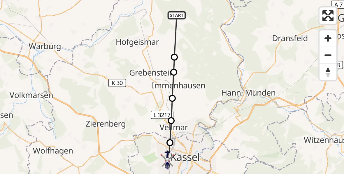 Flugroute Polizeihubschrauber Hofgeismar - Kassel, 14 Oktober 2026, 16:21
