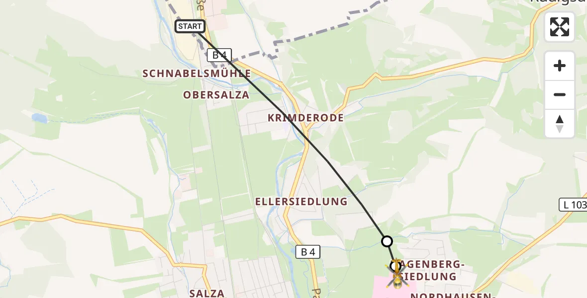 Flugroute Rettungshubschrauber Nordhausen - Südharz Hospital Nordhausen, 14 Oktober 2026, 16:26