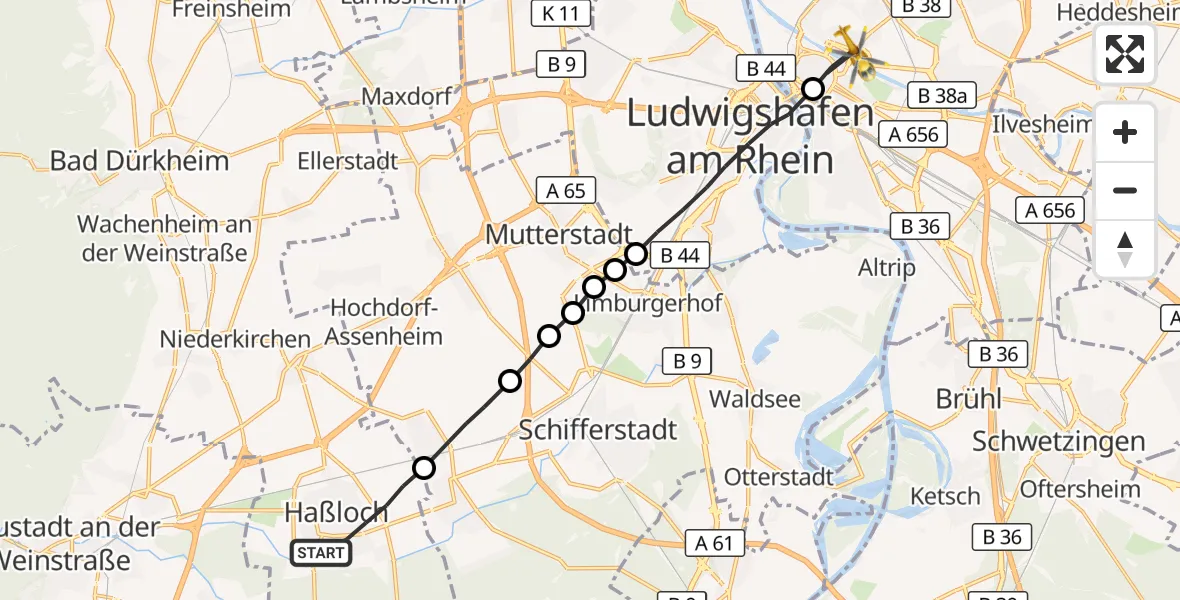 Flugroute Rettungshubschrauber Haßloch - Mannheim, 14 Oktober 2026, 16:37