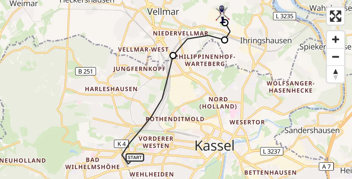 Flugroute Polizeihubschrauber Kassel - Fuldatal Bundespolizei Hubschrauberlandeplatz, 14 Oktober 2026, 16:42