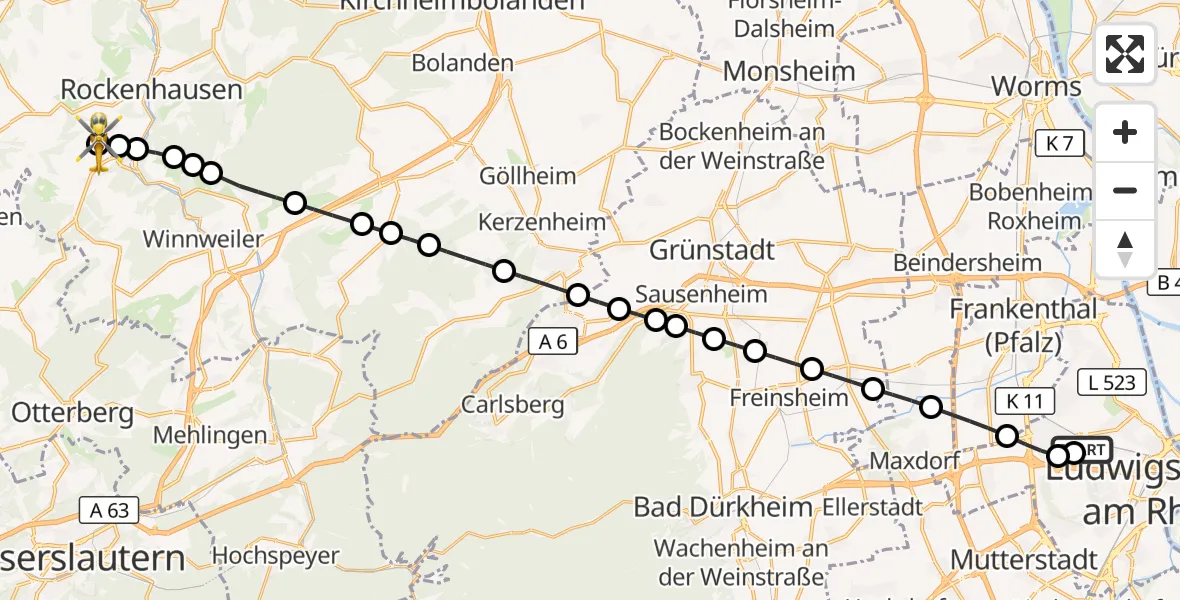 Flugroute Rettungshubschrauber Ludwigshafen Accident Hospital - Rockenhausen, 14 Oktober 2026, 16:48