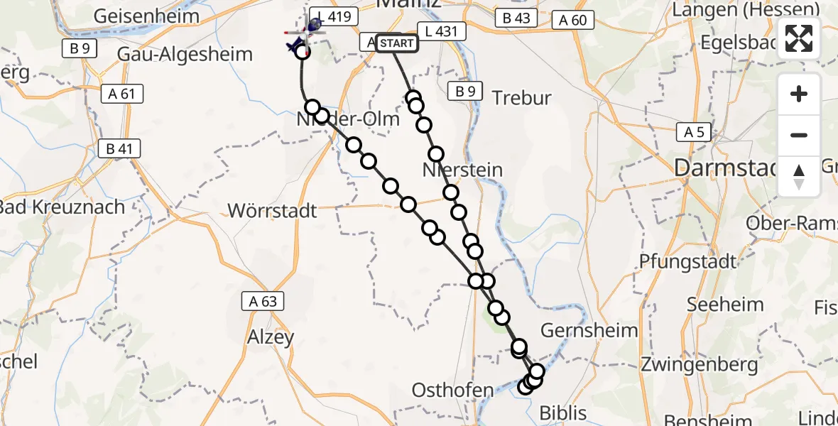 Flugroute Polizeihubschrauber Mainz - Mainz-Finthen Flugplatz, 14 Oktober 2026, 16:49
