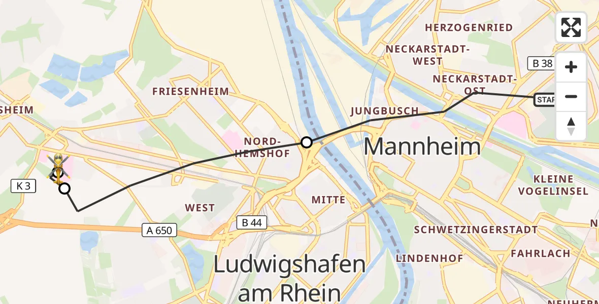 Flugroute Rettungshubschrauber Mannheim - Ludwigshafen Accident Hospital, 14 Oktober 2026, 17:02